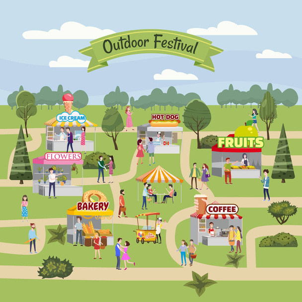 Seasonal Outdoor Festival Fair, markkinoilla ruokakojuja, kioskit katos, markiisit, teltat, jäätelö, kahvi, hot dog, kukkia, leipomo, kävelevä ihmiset, miehet ja naiset ostavat ja myyvät tavaroita puhuu - Vektori, kuva