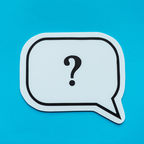 close up of black question mark on speech bubble isolated on blue  - Photo, Image