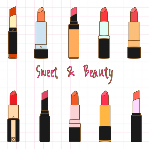 Kleurrijke lipstick collectie set, vector illustratie doodle cartoon stijl. - Vector, afbeelding