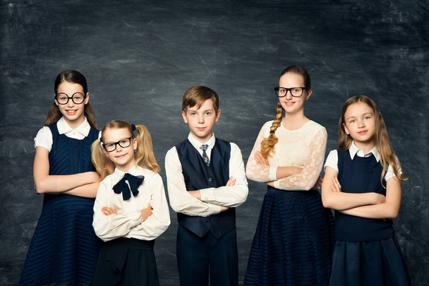 Children in School Uniform over Blackboard, Kids Students Portrait - Photo, image