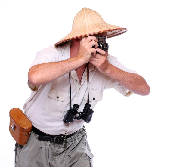 Valokuvaaja kamera pukeutunut puku trooppinen kohde
 - Valokuva, kuva