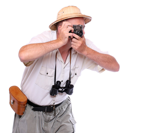 熱帯の宛先のためのスーツを着てカメラを持つカメラマン - 写真・画像