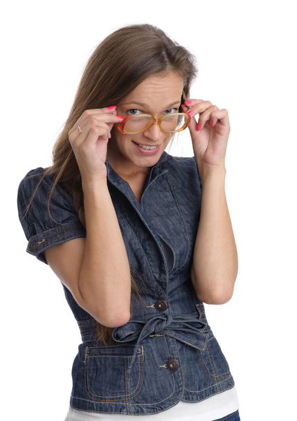 girl wear nerd glasses isolated on white - Фото, изображение