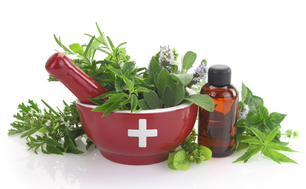 κονίαμα με ιατρική Σταυρός, φρέσκα βότανα και essential oil μπουκάλι - Φωτογραφία, εικόνα