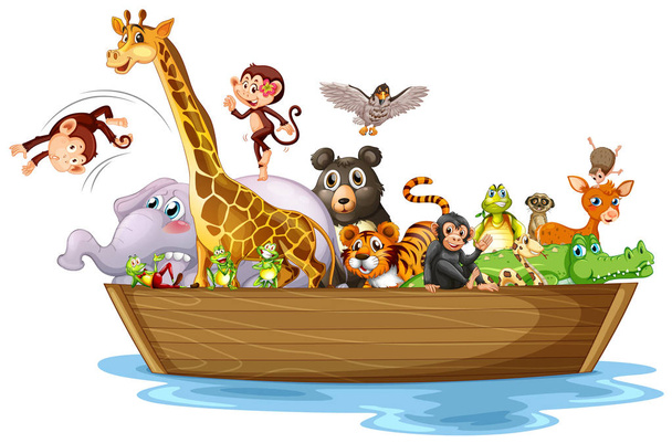 木製ボートに乗った多くの動物 - ベクター画像