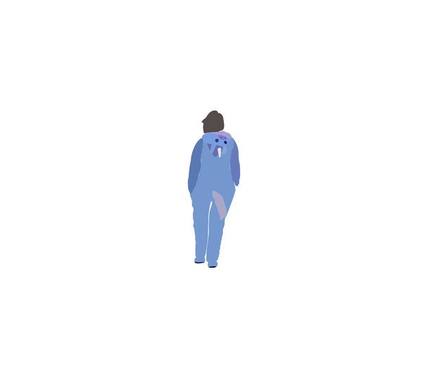 meisje in Eenhoorn kostuum wandelingen van achteren. vrouw in kigurumi plezier - Vector, afbeelding