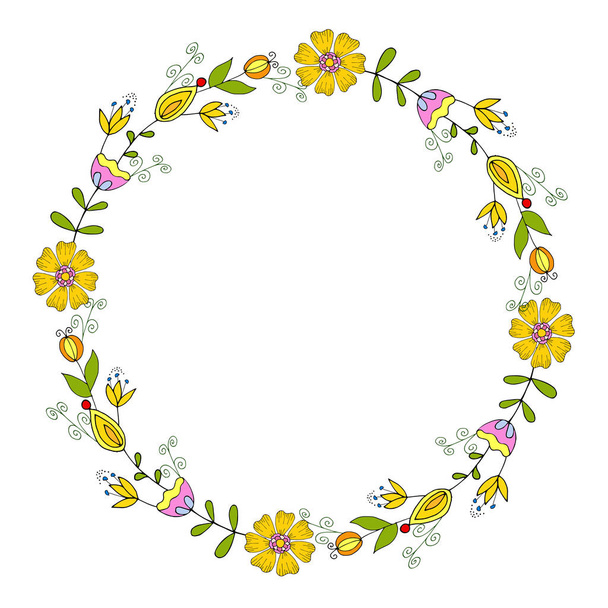 Wreath with yellow doodle flowers.Vector hand draw illustration EPS10 for congratulations. Celebrate happy mood vector  illustration. - Vektor, Bild