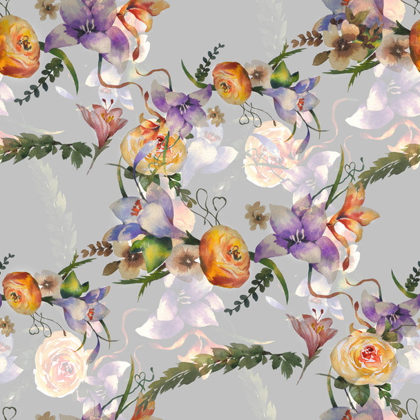 Watercolor painting of leaf and flowers, seamless pattern on gray background - Valokuva, kuva