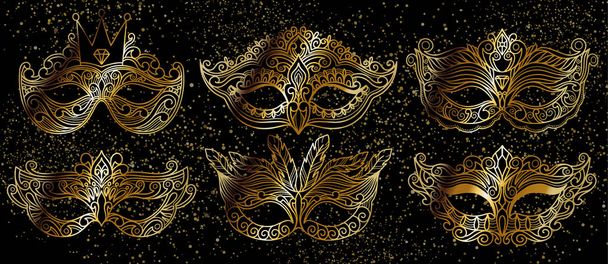 Σετ παράδοση με χρυσό καρναβάλι μάσκα αξεσουάρ σε μαύρο φόντο για το σχεδιασμό concept. Διακόσμηση εορταστική κομψό σχεδιασμό κόμμα.  - Διάνυσμα, εικόνα