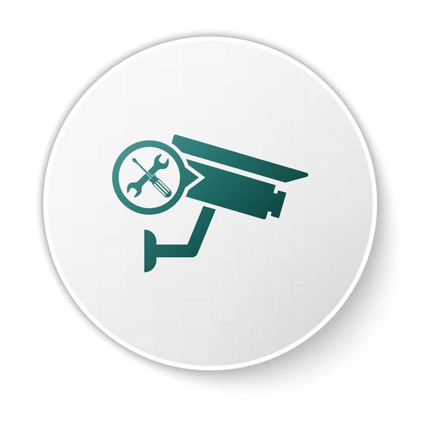 Groene beveiligingscamera met schroevendraaier en moersleutel pictogram geïsoleerd op witte achtergrond. Aanpassing, service, instelling, onderhoud, reparatie, bevestiging. Witte cirkel knop. Vector illustratie - Vector, afbeelding