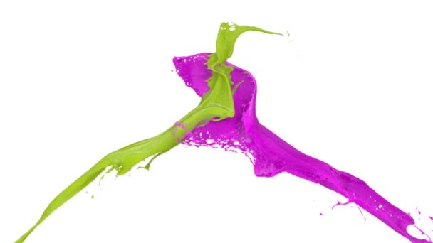Green and purple paint splashes collide in slow motion, isolated on white background.  - Footage, Video