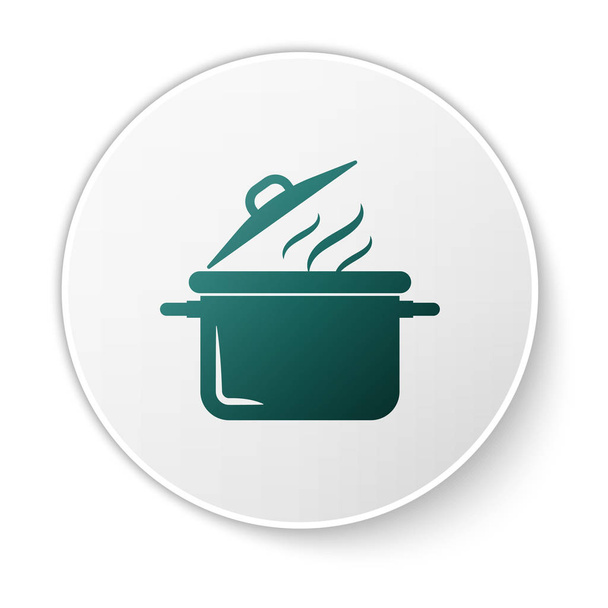 Zöld főző pot ikon izolált fehér háttér. Forraljuk vagy pörkölt élelmiszer-szimbólum. Fehér kör gomb. Vektoros illusztráció - Vektor, kép