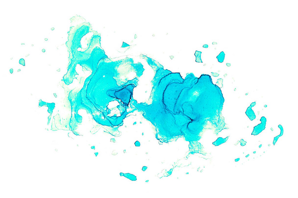 アルコールインク描画、白い背景に水彩青い染み - 写真・画像
