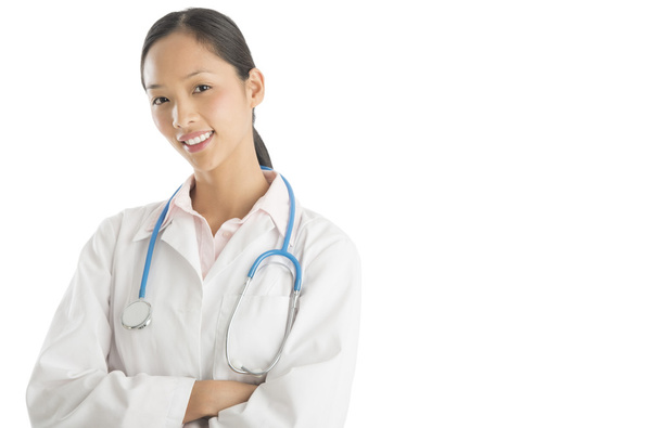 Asiática feminino médico de pé braços cruzados
 - Foto, Imagem