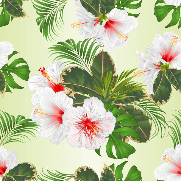 Seamless texture with tropical flowers set floral arrangement with beautiful white  hibiscus palm,philodendron and ficus vintage vector illustration  editable hand draw  - Vecteur, image