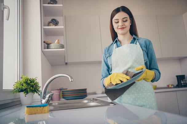 Photo of house wife drying clean plates with napkin weekend activity wear dotted apron bright kitchen - Фото, зображення