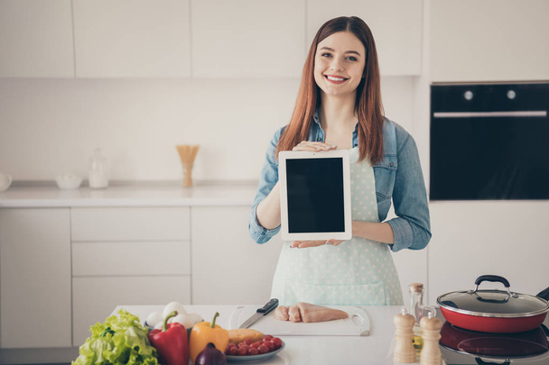 Photo of attentive wife wear dotted apron presenting new model e-reader best help kitchen duties - Zdjęcie, obraz