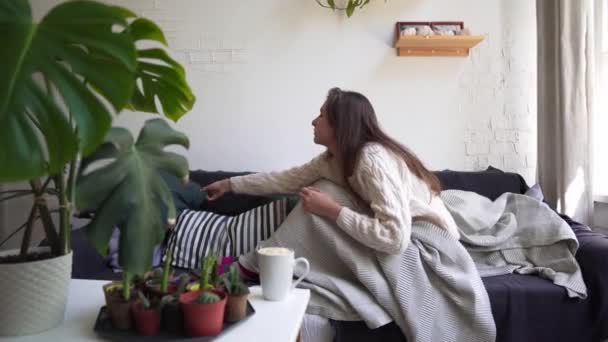 Hygge or Lagom concept - beautiful woman resting on the couch. Comfort and satisfaction - Video