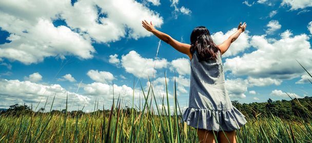 Jovem mulher na grama verde espalhando braços para o céu
. - Foto, Imagem