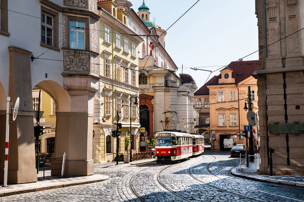 Retro tram driving in Old Town of Prague - Foto, Imagen