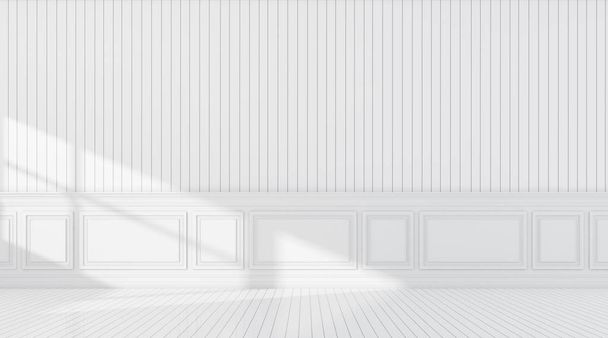 Duvarda güneş ışığı döküm gölge ile beyaz boş oda ve ahşap tahta zemin 3d teşvik, Klasik iç tasarım Perspektifi. - Fotoğraf, Görsel