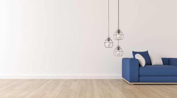 Вид на белую гостиную в минималистичном стиле с глубоким синим диваном и маленьким тумбочком на деревянном полу. 3d-рендеринг
. - Фото, изображение