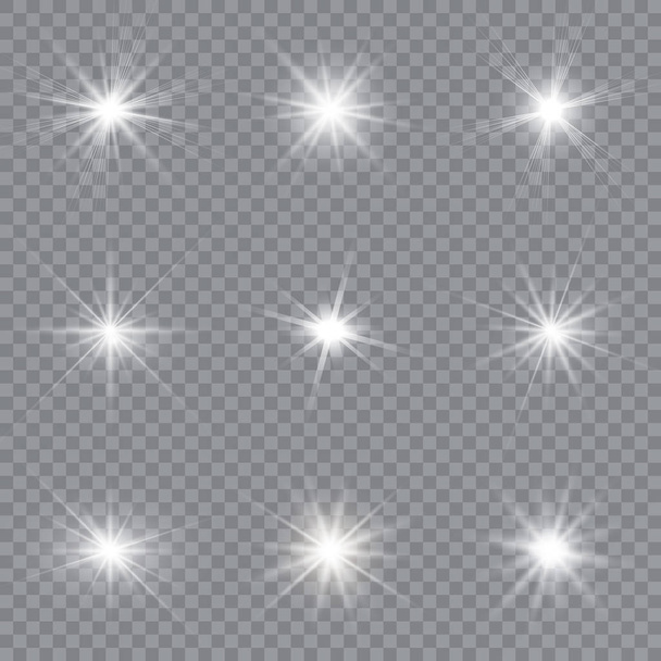 透明な背景に白い光が爆発します。きらめく魔法の塵の粒子。明るい星透明な輝く太陽 明るいフラッシュベクトルイラスト. - ベクター画像