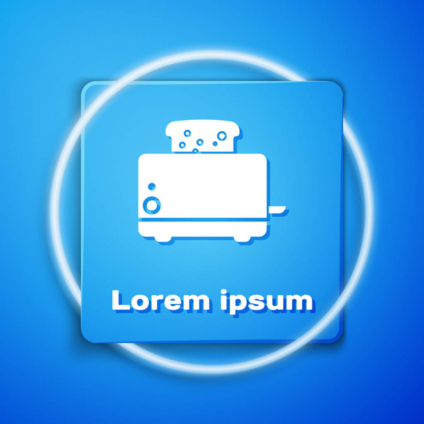 Witte broodrooster met toastjes pictogram geïsoleerd op blauwe achtergrond. Blauwe vierkante knop. Vector Illustratie - Vector, afbeelding