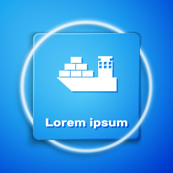 White Cargo ship icon isolated on blue background. Blue square button. Vector Illustration - Vector, Image