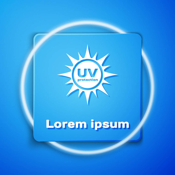 Icona di protezione UV bianca isolata su sfondo blu. Radiazioni ultraviolette. Segno solare SPF. Pulsante quadrato blu. Illustrazione vettoriale
 - Vettoriali, immagini