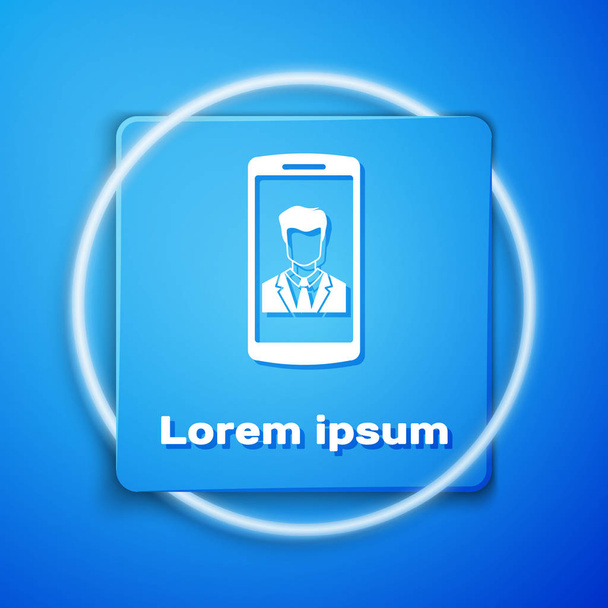 White Smartphone with contact on screen icon isolated on blue background. Incoming call. Human on phone screen. Call contact. Blue square button. Vector Illustration - Vector, Image