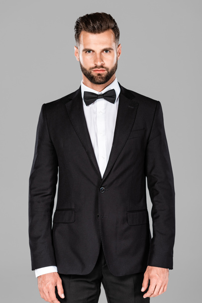 hombre elegante en traje negro y pajarita aislada en gris
 - Foto, imagen