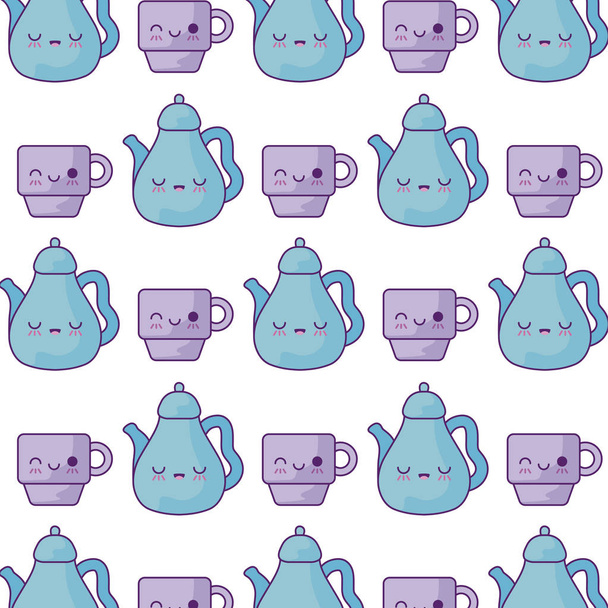 pattern of teapots with cups kawaii style - Vector, Image