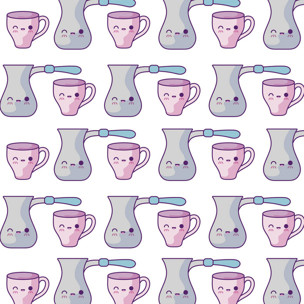 pattern of teapots with cups kawaii style - Vector, Image