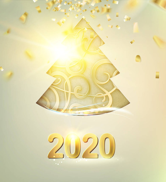 Buon Natale e felice anno nuovo 2020 carta con abete dorato steampunk su sfondo coriandoli brillare
. - Vettoriali, immagini