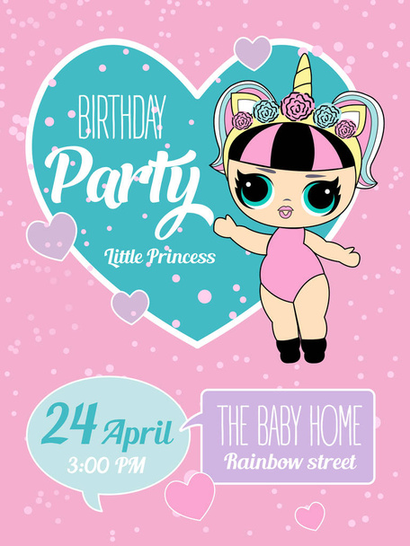 Birthday Invitation with cute Lol Dolls. Element of design for invite card. - Vector, Image