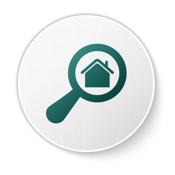 Ikona zeleného vyhledávacího domu je izolovaná na bílém pozadí. Symbol realitní budovy pod zvětšovací sklenicí. Tlačítko Bílého kruhu. Vektorová ilustrace - Vektor, obrázek