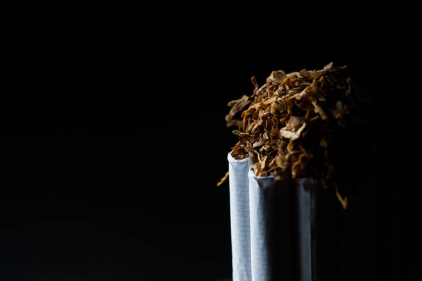 Numerous tobacco cigarettes isolated on black background with shredded tobacco on top of them. Tobacco can cause diseases. - Photo, Image