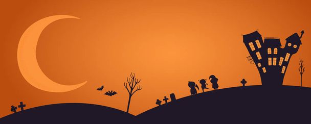 fröhliches Halloween-Banner mit Mond und Geisterhaus mit kostümierten Kindern. handgezeichnete Vektorillustration. Urlaubskonzept. flacher Stil. - Vektor, Bild