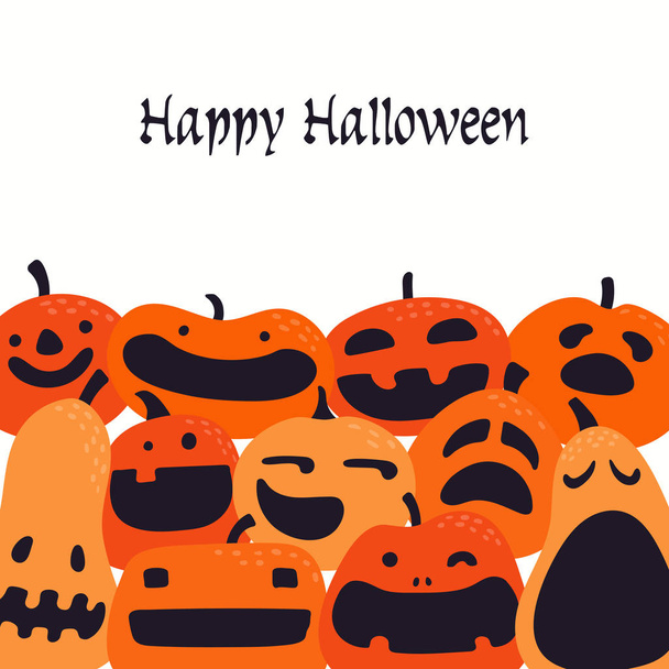 Party-Einladung mit lustigen Kürbissen auf weißem Hintergrund und Text Happy Halloween. handgezeichnete Vektorillustration. Feriendekorationskonzept.  - Vektor, Bild