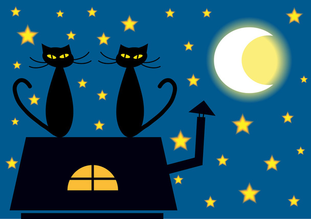 Cartoon katten op de bovenkant van het dak per nacht - Vector, afbeelding