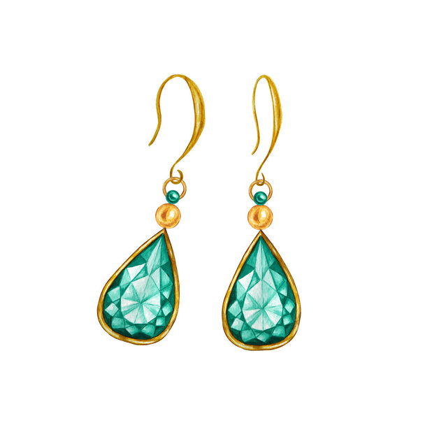 Beautiful jewelry set. Watercolor drawing Golden earrings with crystals on white background. Green emerald drop crystal. - Foto, Bild