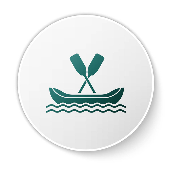 緑のラフティングボートのアイコンは、白い背景に隔離されています。パドル付きカヤック。ウォータースポーツ、エクストリームスポーツ、休日、休暇、チームビルディング。白い円のボタン。ベクトルイラストレーション - ベクター画像