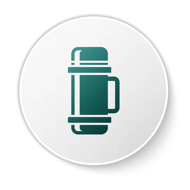Zelená termoska kontejner ikona izolované na bílém pozadí. Ikona termo baňky. Táborové a turistické vybavení. Bílý knoflík. Vektorová ilustrace - Vektor, obrázek