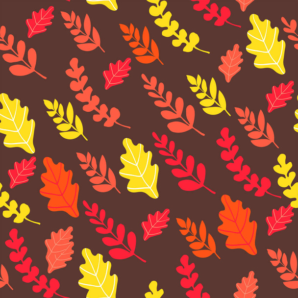 Autumn seamless pattern with orange, yellow and red leaves on brown background. Pattern with natural motifs. - ベクター画像