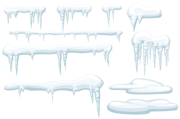 Σύνολο παγοκρυστάλλων χιονιού και καλύμματα χιονιού στοιχεία χειμώνα επίπεδη διανυσματική απεικόνιση απομονωμένη σε λευκό φόντο - Διάνυσμα, εικόνα