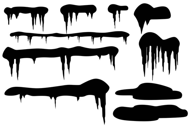 Black silhouette set of snow icicles and snow caps winter elements flat vector illustration isolated on white background - Vector, Image