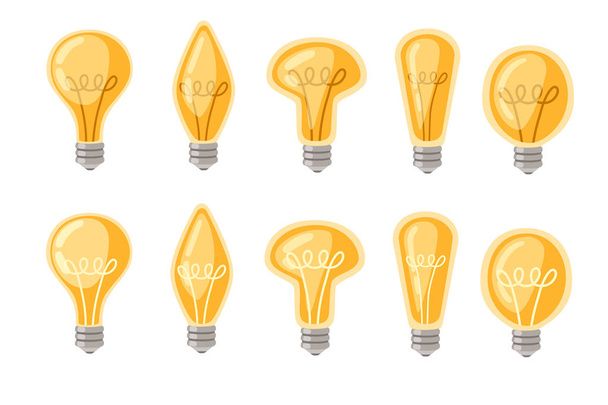 Conjunto de dibujos animados planos lámparas incandescentes amarillo bombillas retro vector ilustración aislado sobre fondo blanco
 - Vector, Imagen