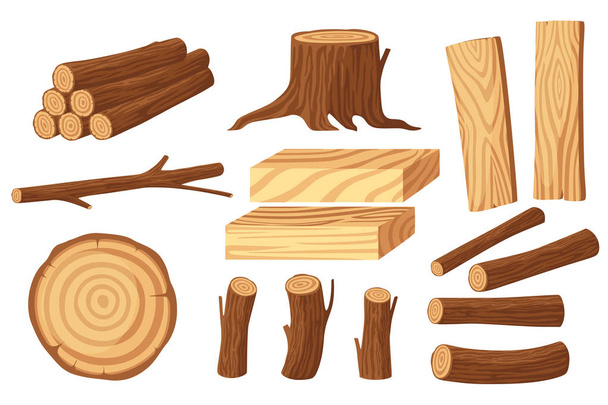 Fa rönk halmaz fafeldolgozó iparnak fatörzsekkel és deszkákkal, lapos vektoros illusztráció fehér alapon elkülönítve - Vektor, kép