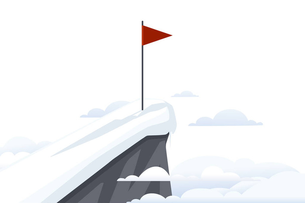 Czerwona flaga na śnieżnym szczycie góry z chmurami krajobraz płaski wektor ilustracja - Wektor, obraz
